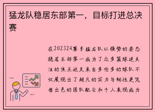 猛龙队稳居东部第一，目标打进总决赛