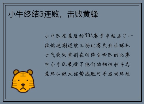 小牛终结3连败，击败黄蜂